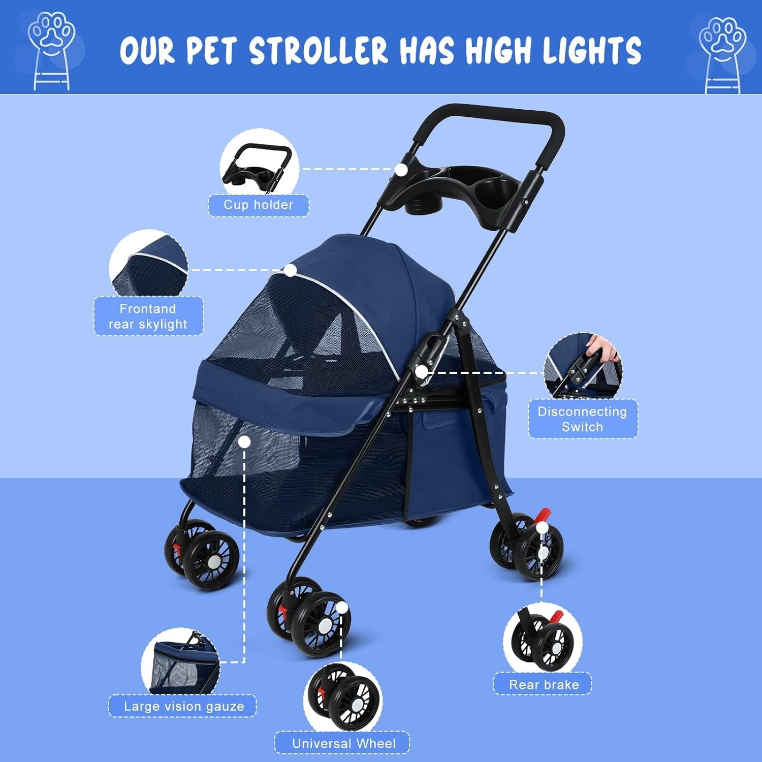 Pet Stroller for Dogs & Cats up to 50lbs 4 Wheel Foldable Travel Pushchair