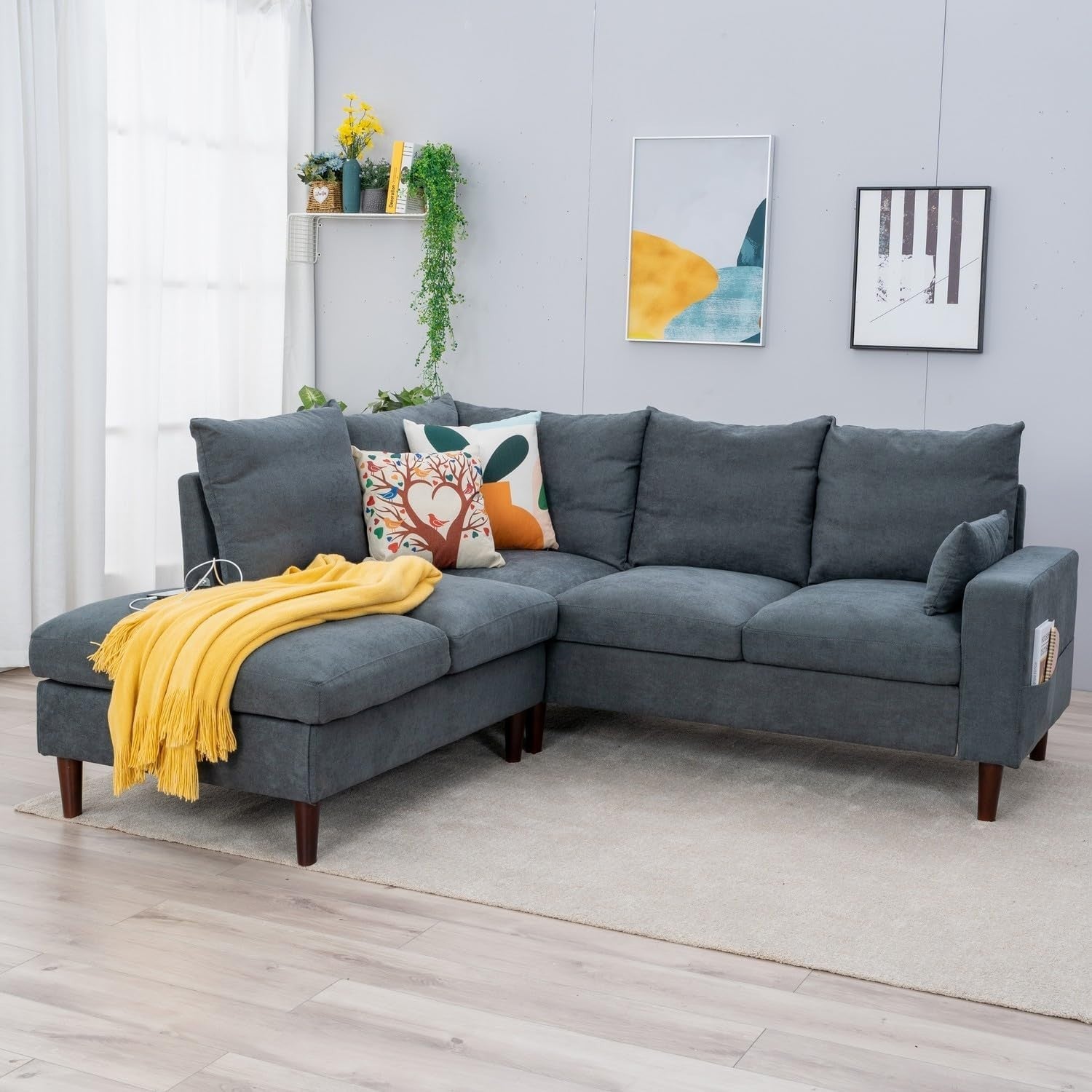 5 Seater Grey Linen Corner Sofa with USB Port Chaise L-Shape Wood Legs