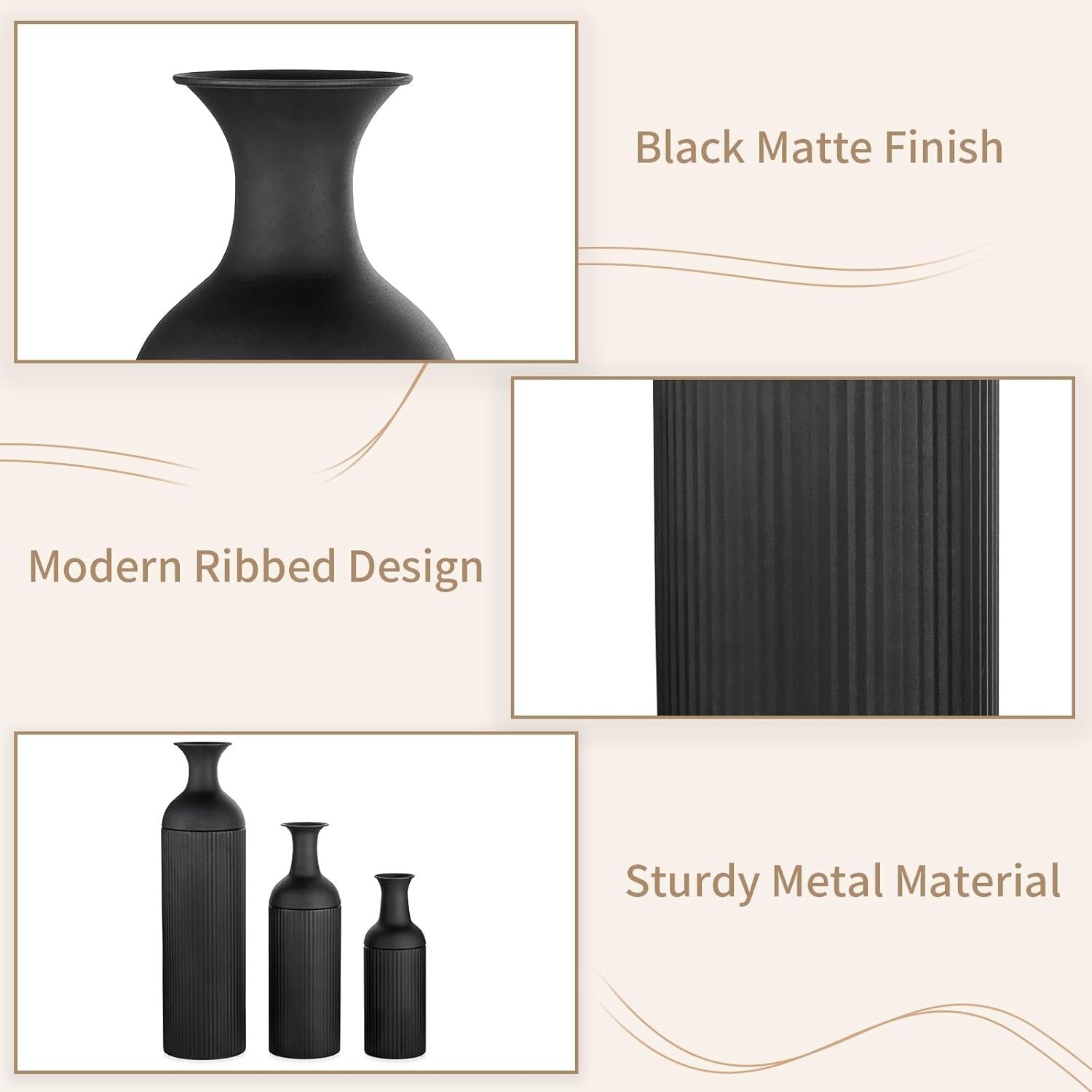 Tall Black Metal Floor Vase Set Ribbed Modern Decor for Pampas Grass