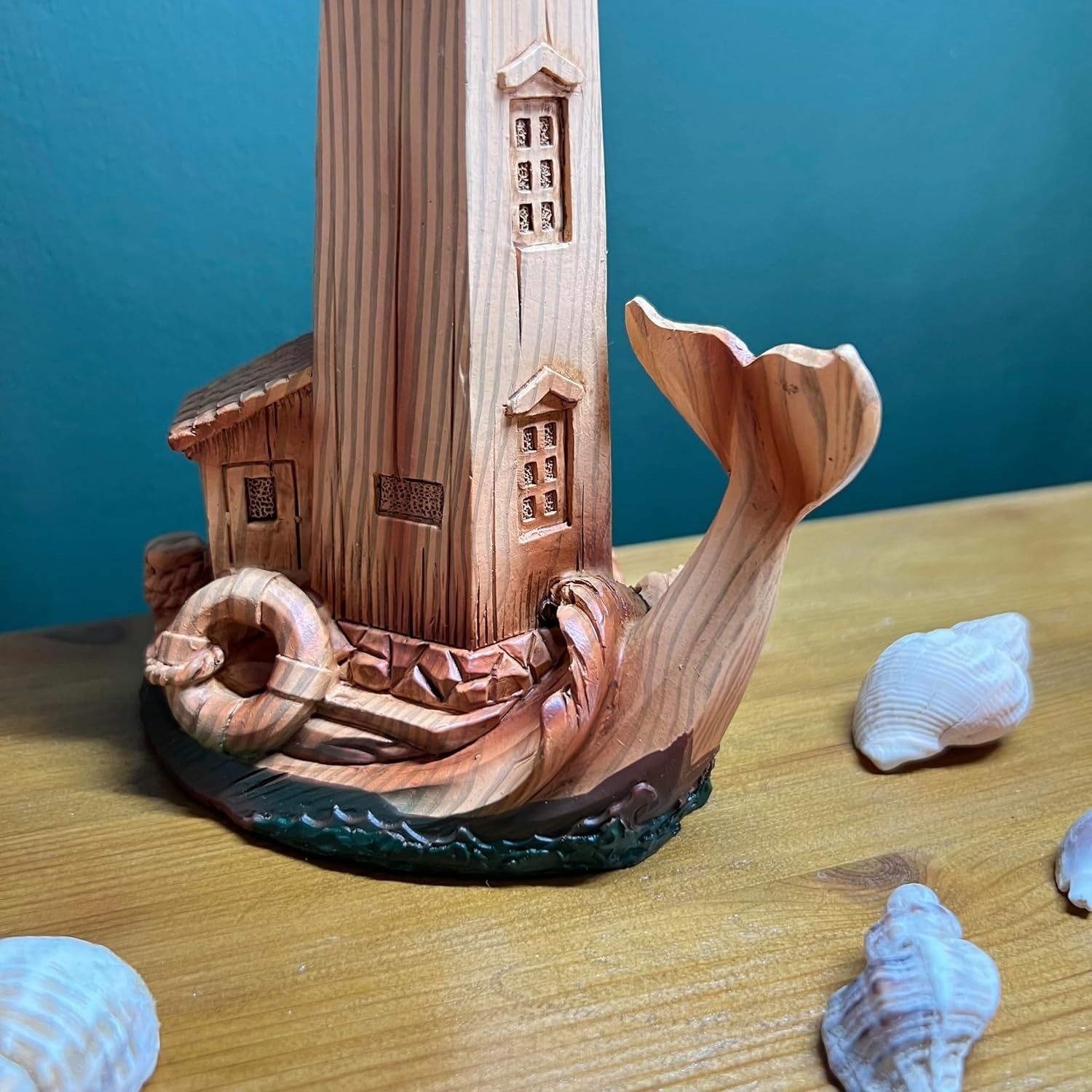 Wood-Effect Lighthouse Ornament 22cm | Nautical Decor Sculpture | Whale Tail