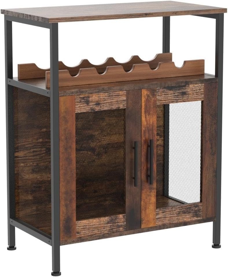 Wine Bar Cabinet with Glass Holder & Bottle Rack | Rustic Brown Sideboard