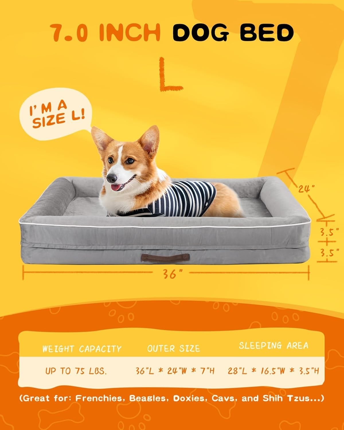 Large Orthopedic Dog Bed 91x61cm Waterproof Washable Light Gray
