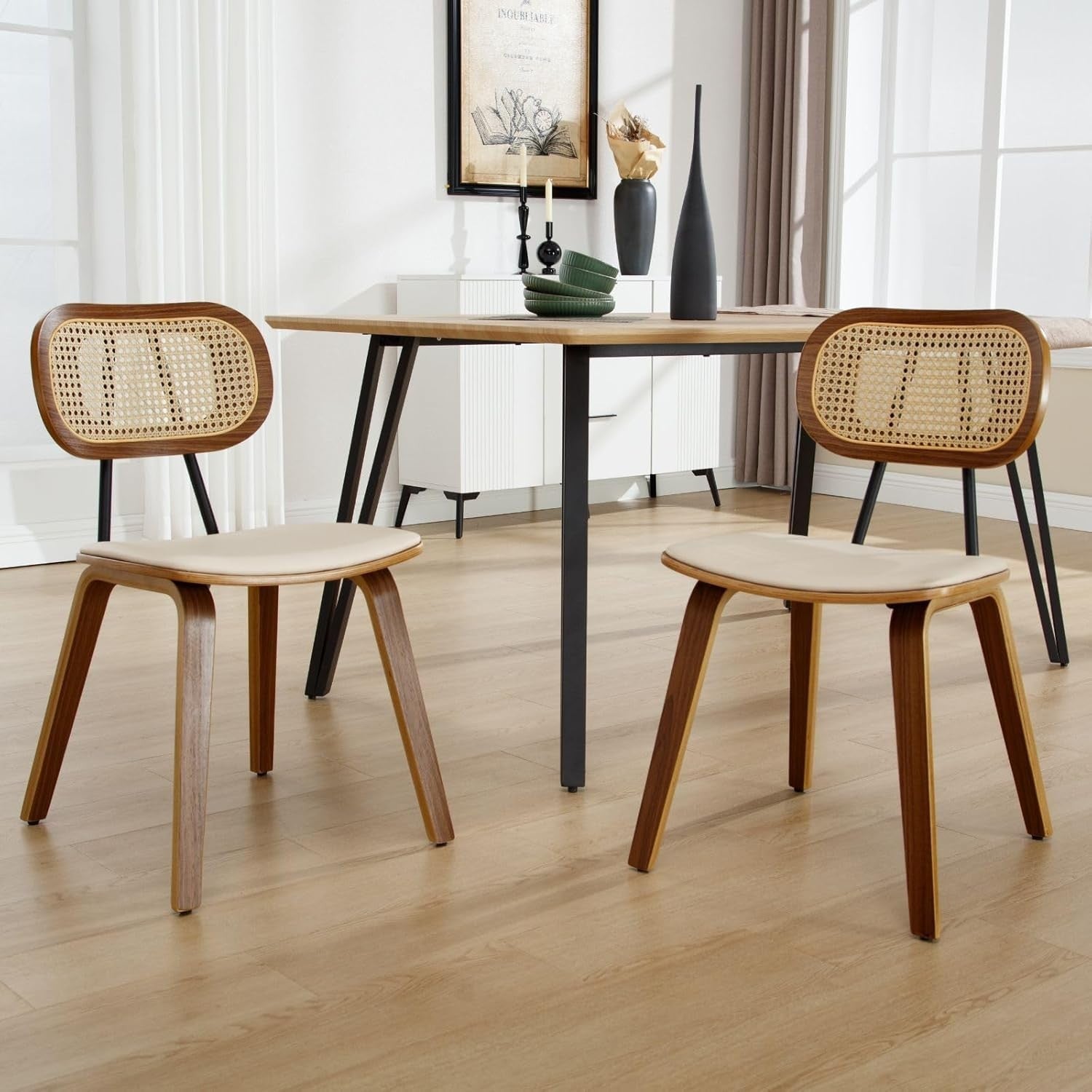 Rattan Dining Chairs Set of 2 Mid Century Wooden Legs Kitchen Dining Seats