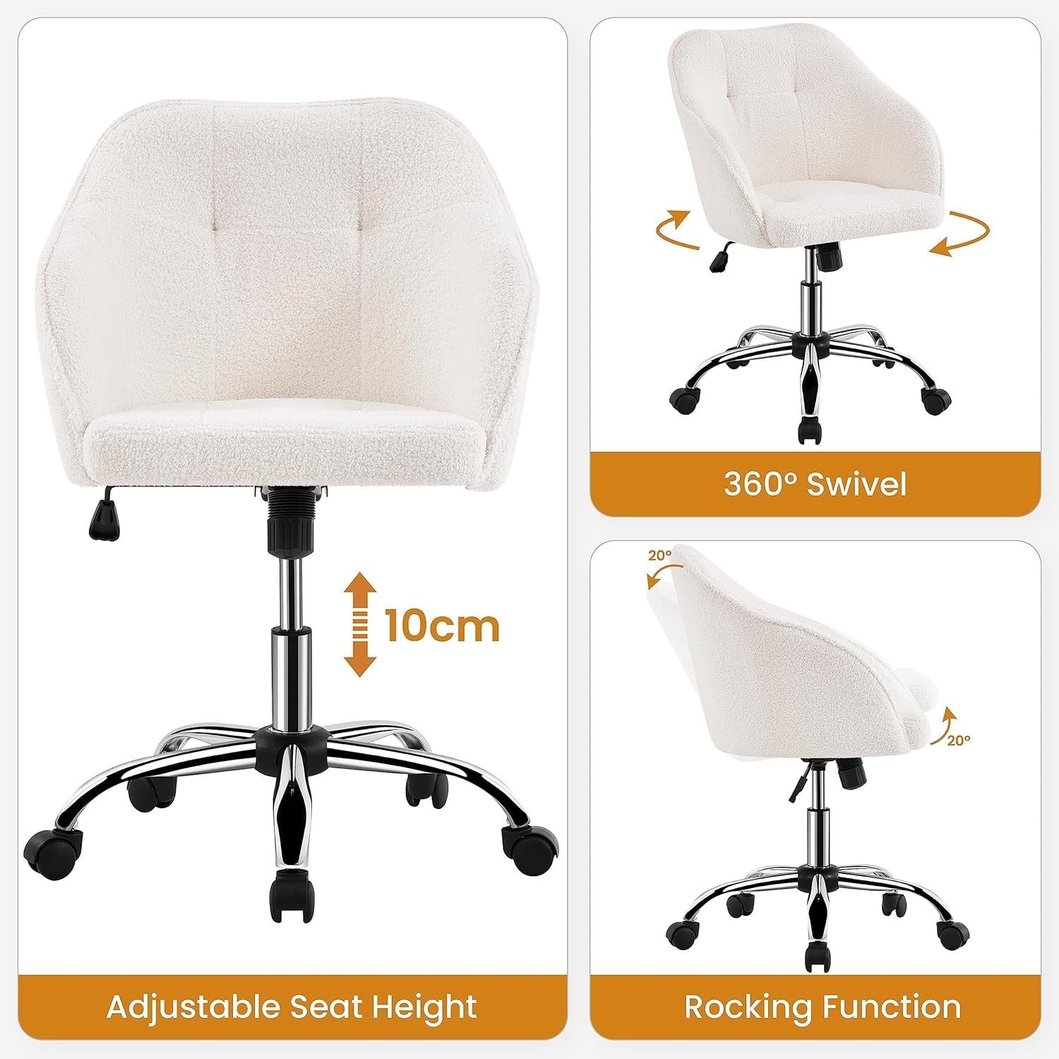 Boucle Office Desk Chair Adjustable Height Swivel Armchair Ivory Home Office Fur