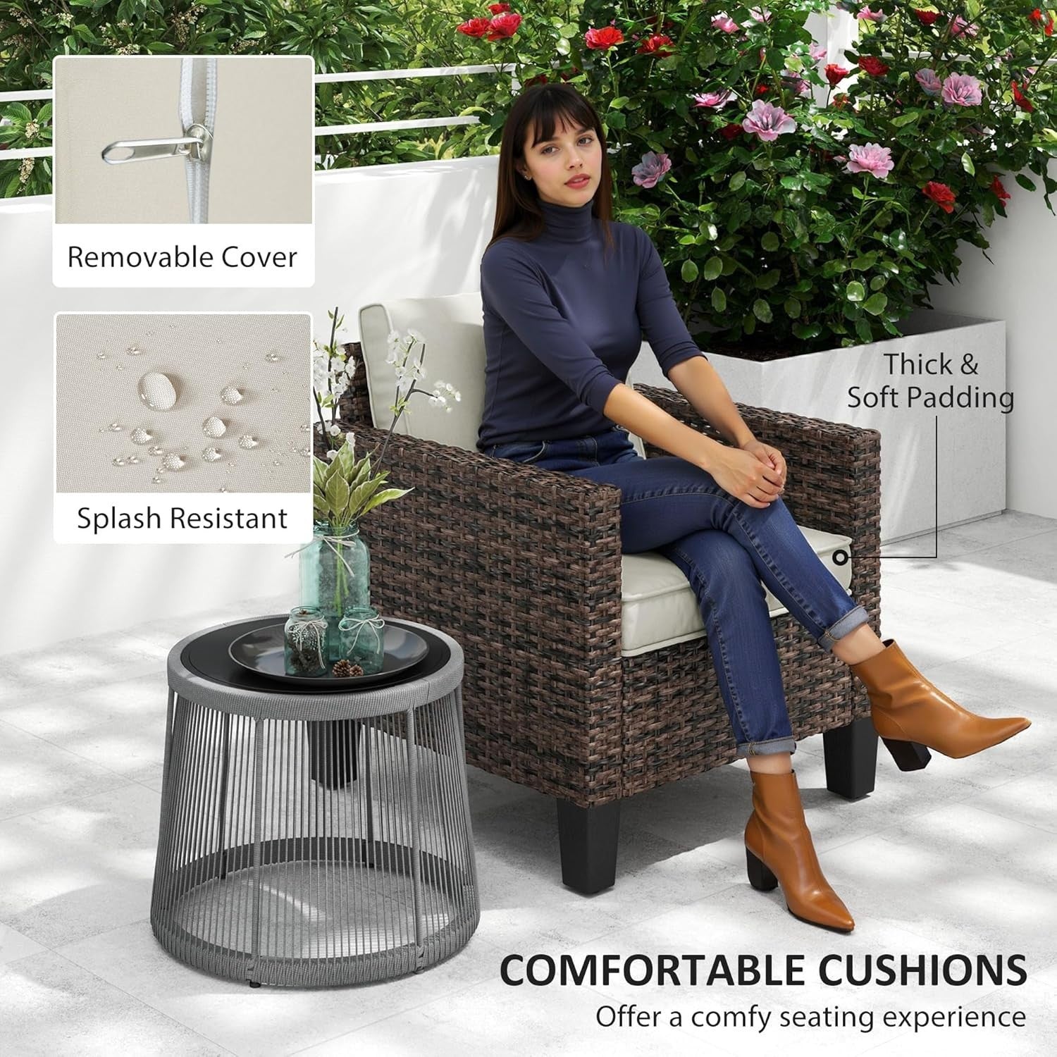 Rattan Garden Armchair with Cushions Brown Outdoor Patio Conservatory Chair