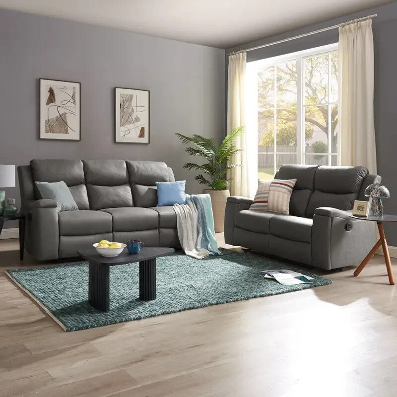 Grey Faux Leather 3 Seater Recliner Sofa with Cup Holders & Lumbar Support