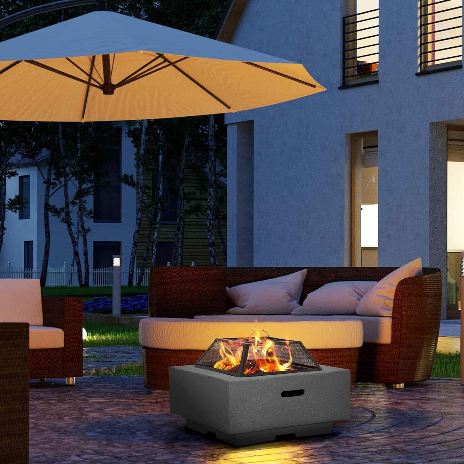 64cm Outdoor Square Fire Pit with BBQ Grill, Mesh Safety Lid & Heat-Resistant