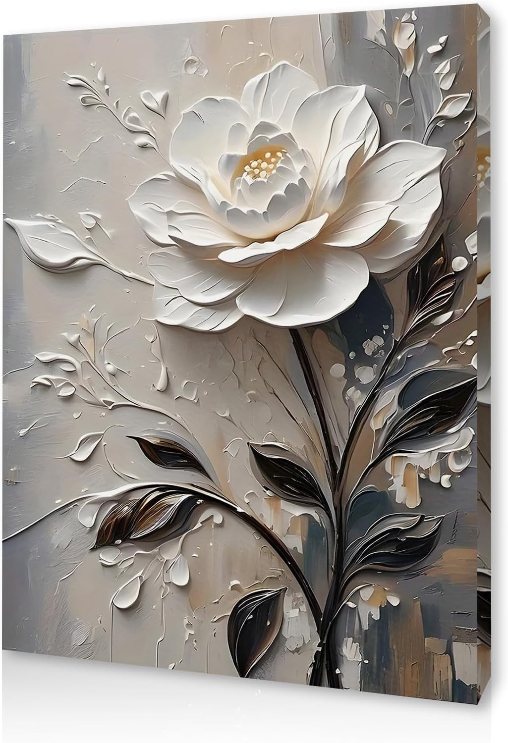 3D White Floral Canvas Wall Art 12x16 Framed Modern Bedroom Decor