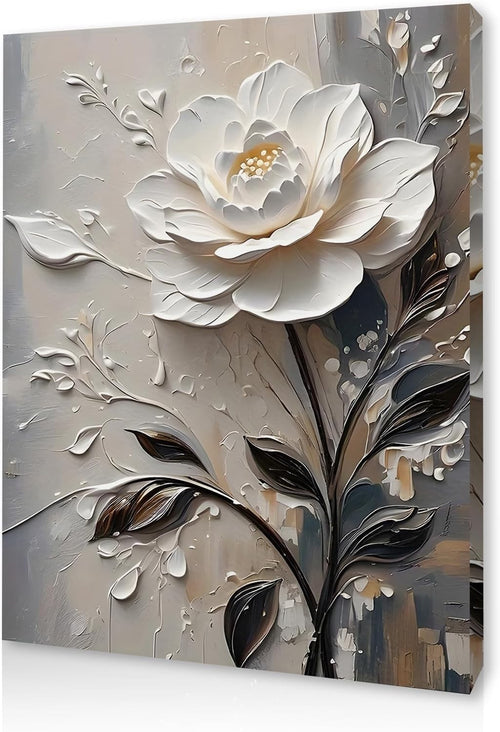 3D White Floral Canvas Wall Art 12x16 Framed Modern Bedroom Decor