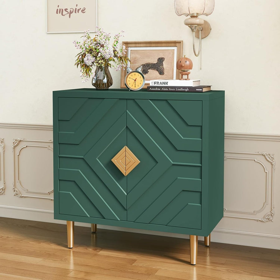 Modern 2-Door 3D Embossed Sideboard Storage Cabinet Green with Gold Legs