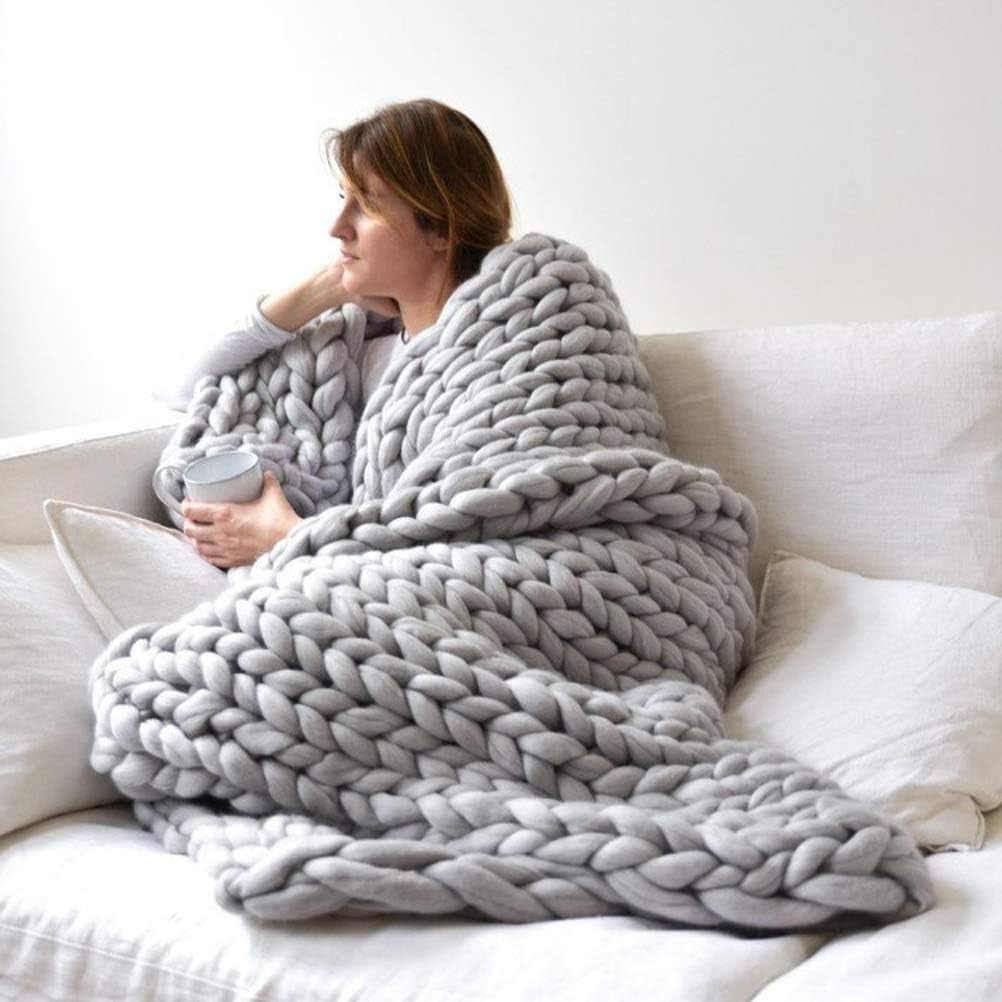 Hand Knit Weighted Blanket Grey Chunky Knit Cozy Throw Sleep Stress Relief