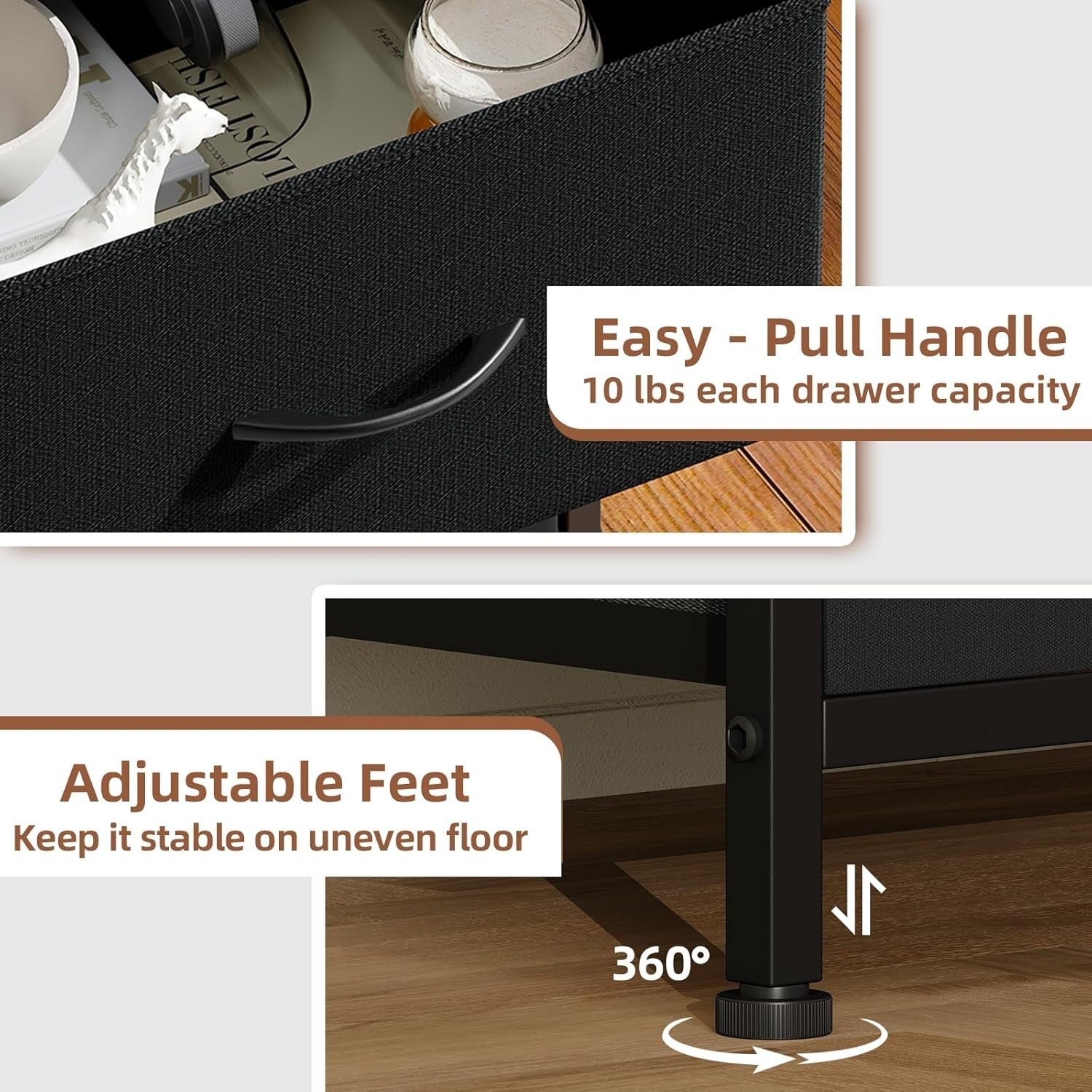 Black Bedside Tables Set of 2 with Fabric Drawers, Rustic Wood Top Nightstands