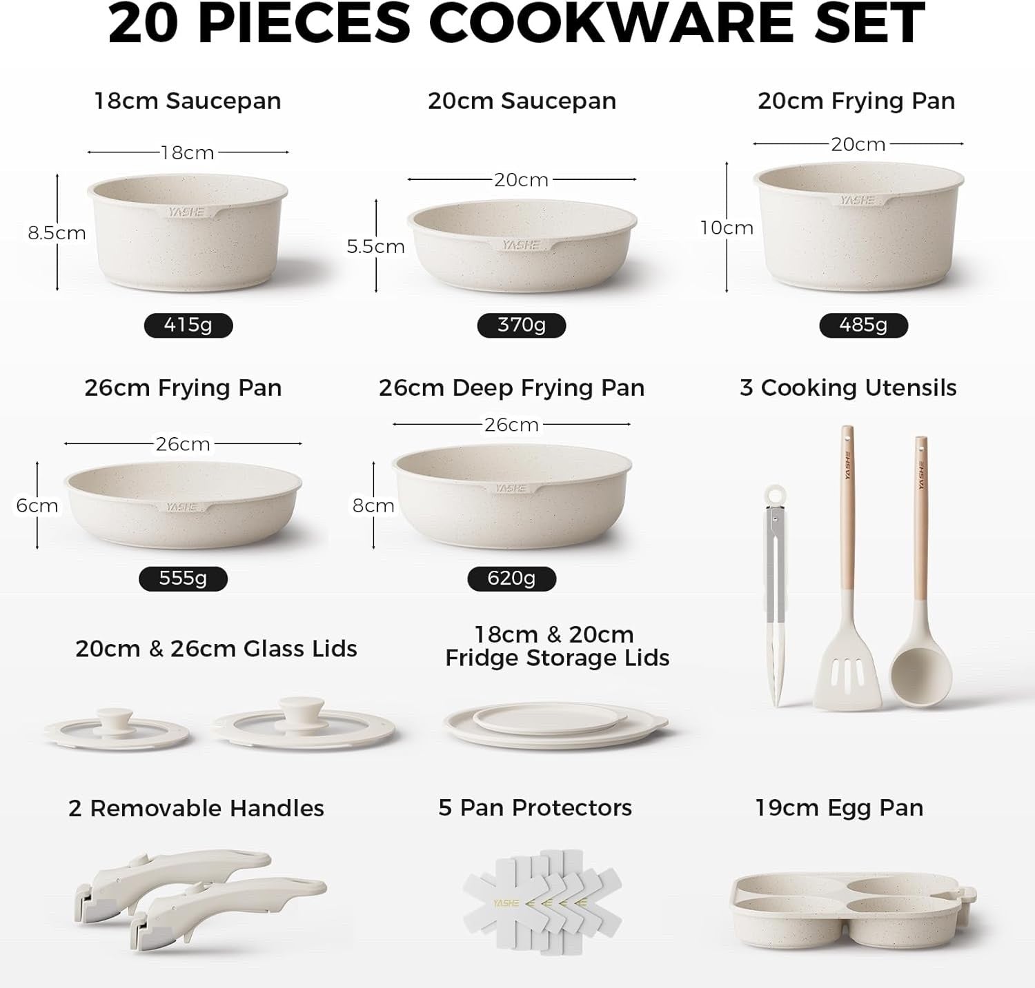 20Pcs White Granite Non-Stick Cookware Set with Removable Handles & Glass Lids