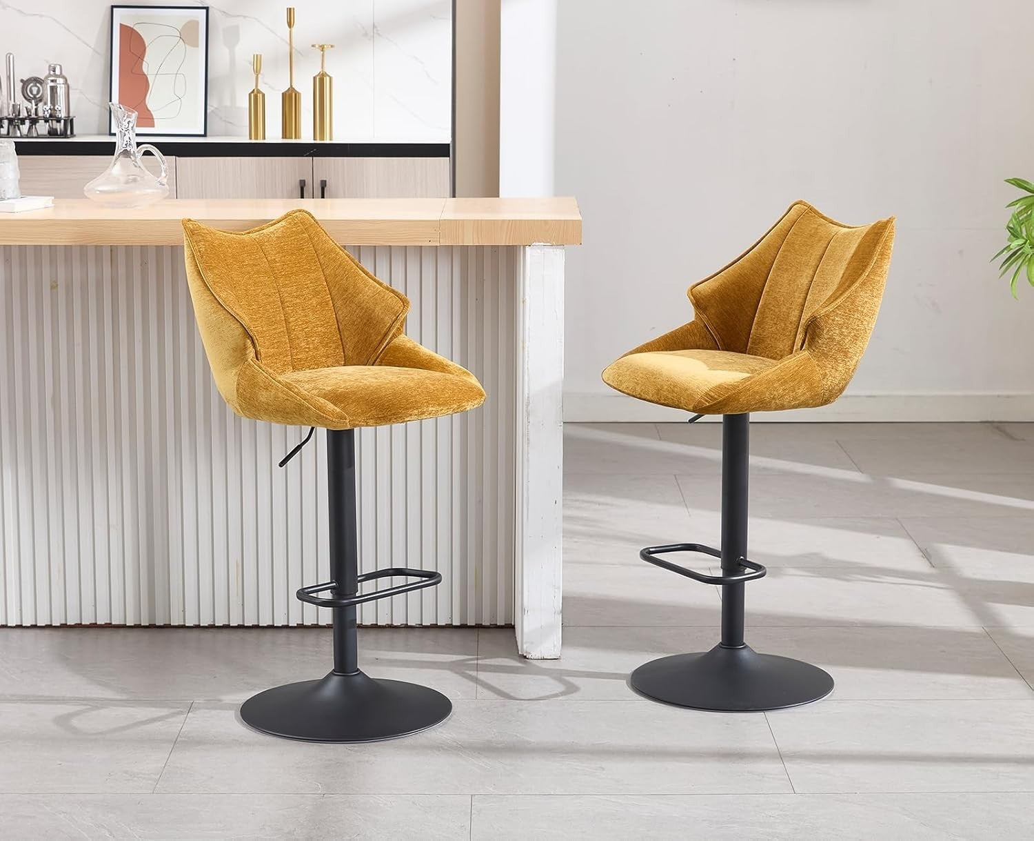 Yellow Chenille Bar Stool Set of 2 Adjustable Swivel Kitchen Counter Chairs