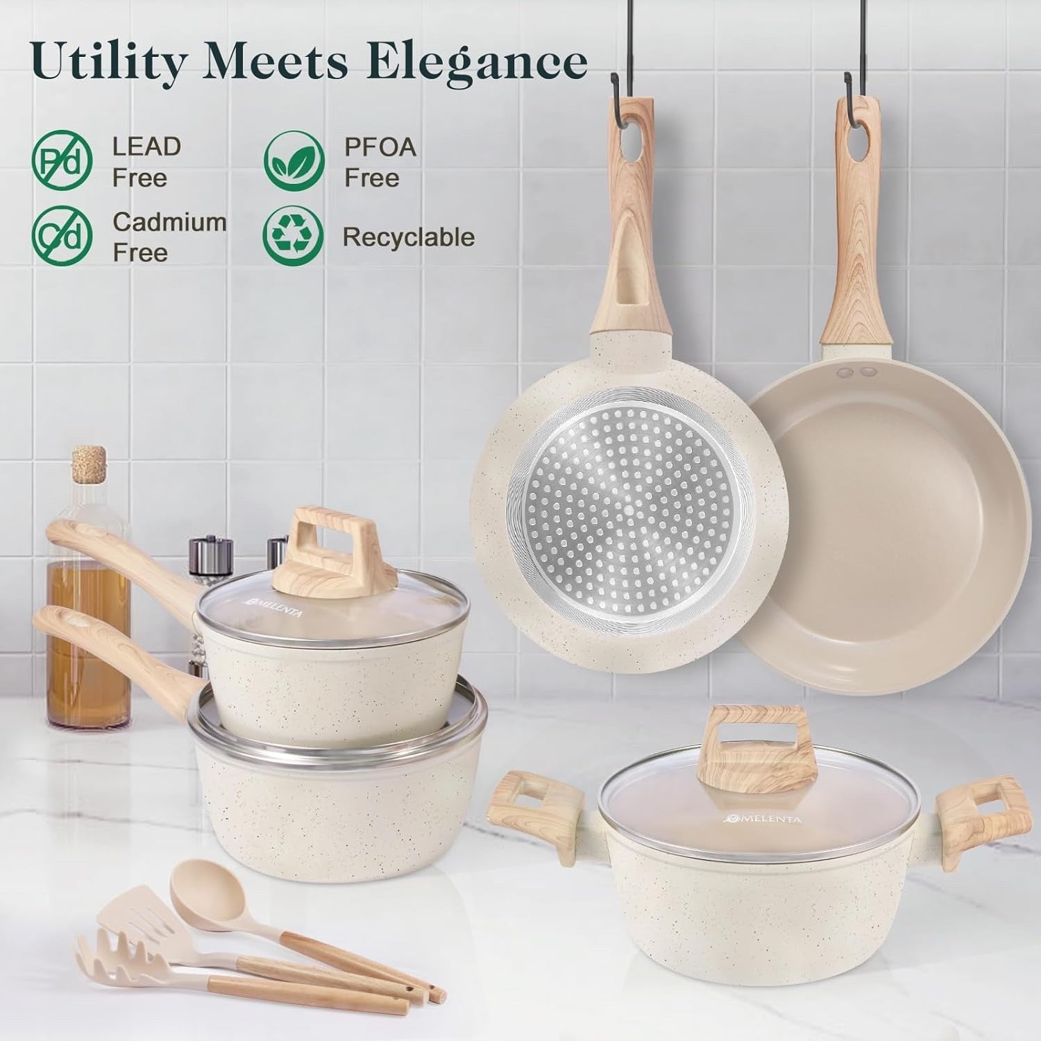 11Pcs Cream Ceramic Non Stick PFOA Free Induction Cookware Set with Lids