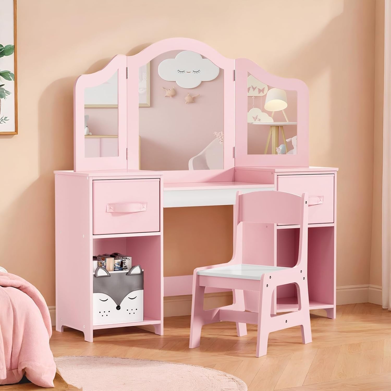 Kids Vanity Table & Chair Set Pink White 2-in-1 Makeup Desk with Storage