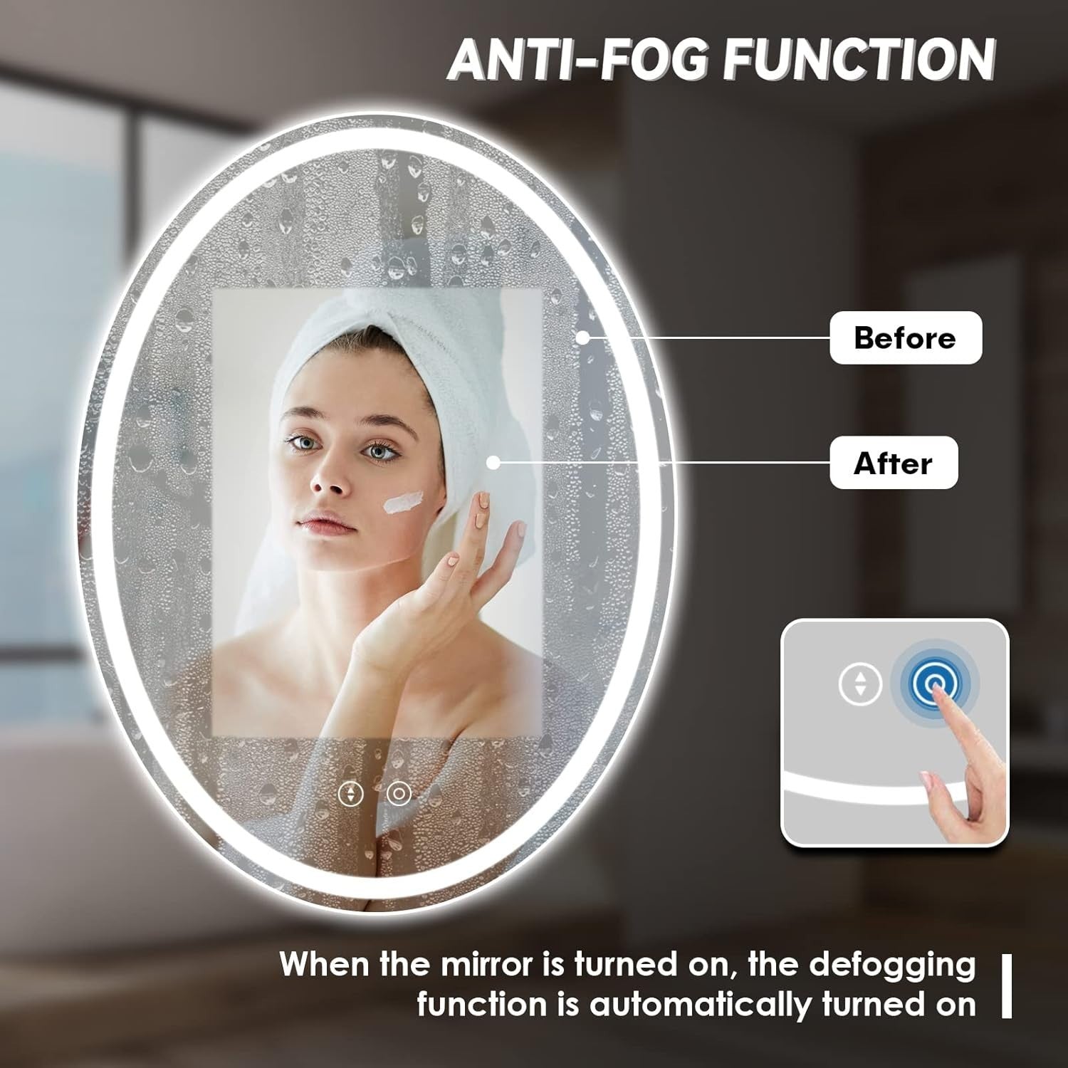 Oval LED Bathroom Mirror 80x60 cm, Anti-Fog, Dimmable 3-Color Light