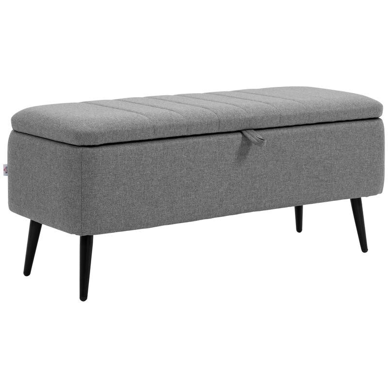 Grey Storage Ottoman Bench Flip Top Upholstered Seat Linen Fabric 102cm