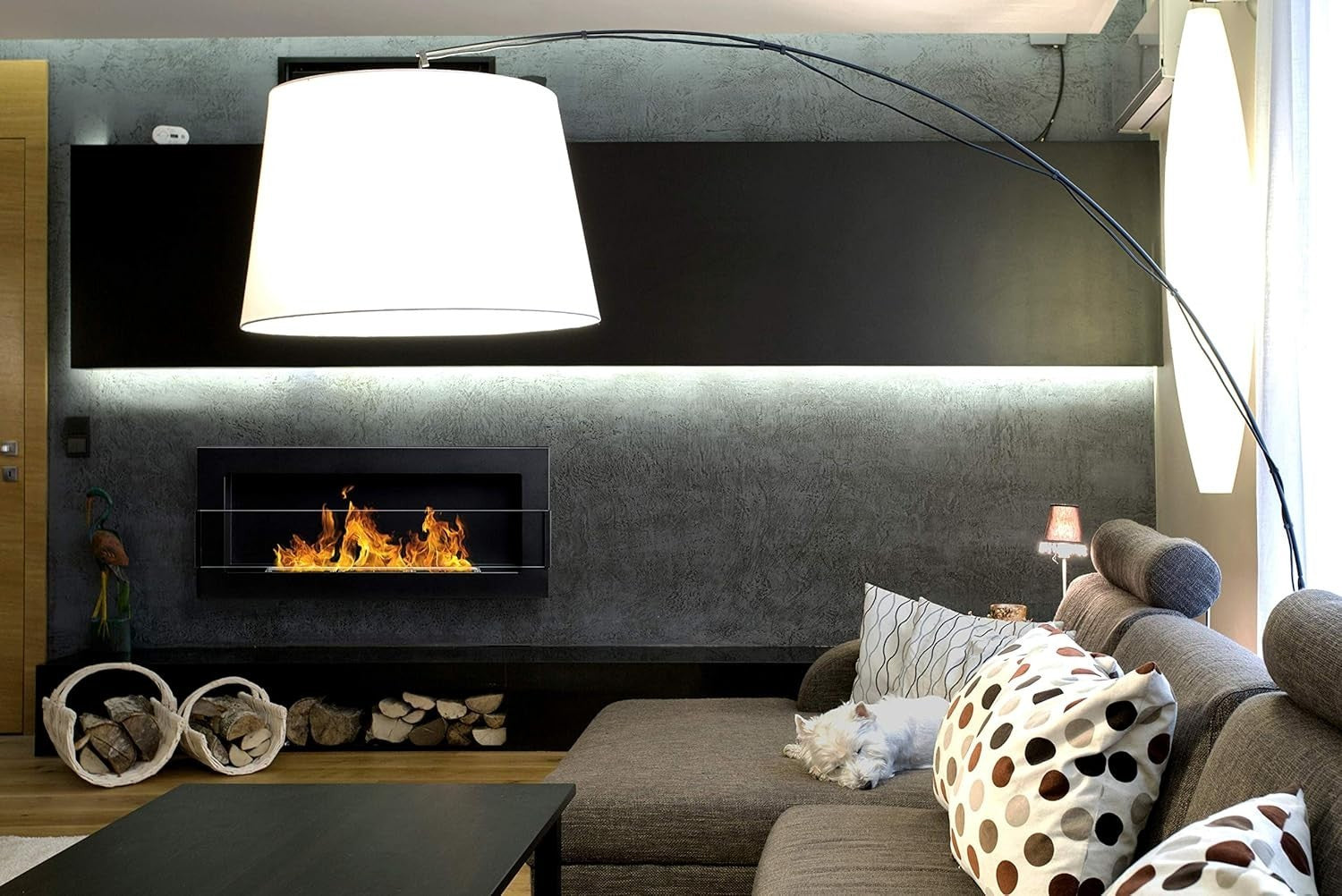 Wall-Mount Bio Ethanol Fireplace Modern Black Glass with Flame Effect
