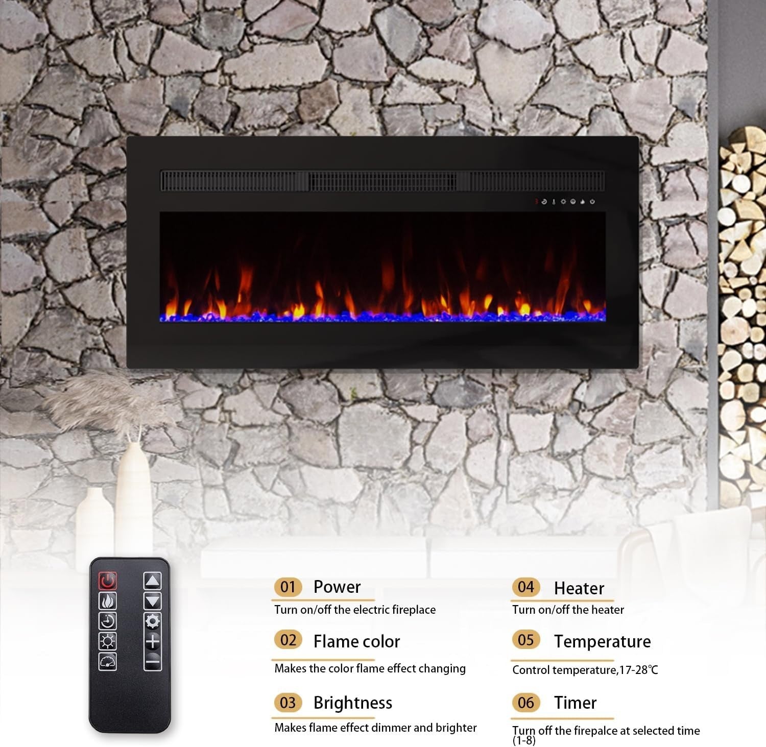 60" Electric Insert Fireplace LED Flames 12 Colors Wall Mount Recessed