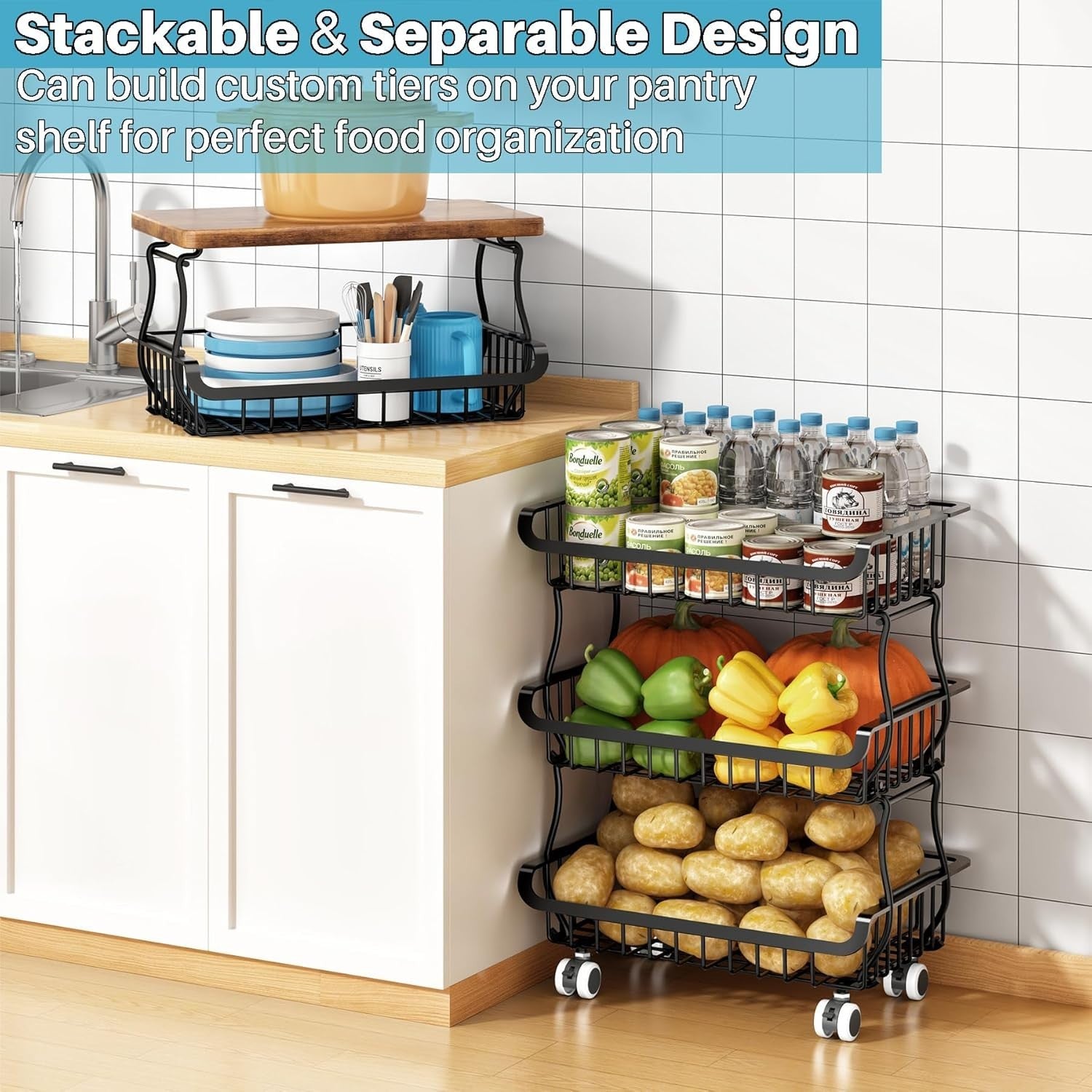 5 Tier Rolling Fruit Vegetable Storage Basket Cart Metal Pantry Organizer