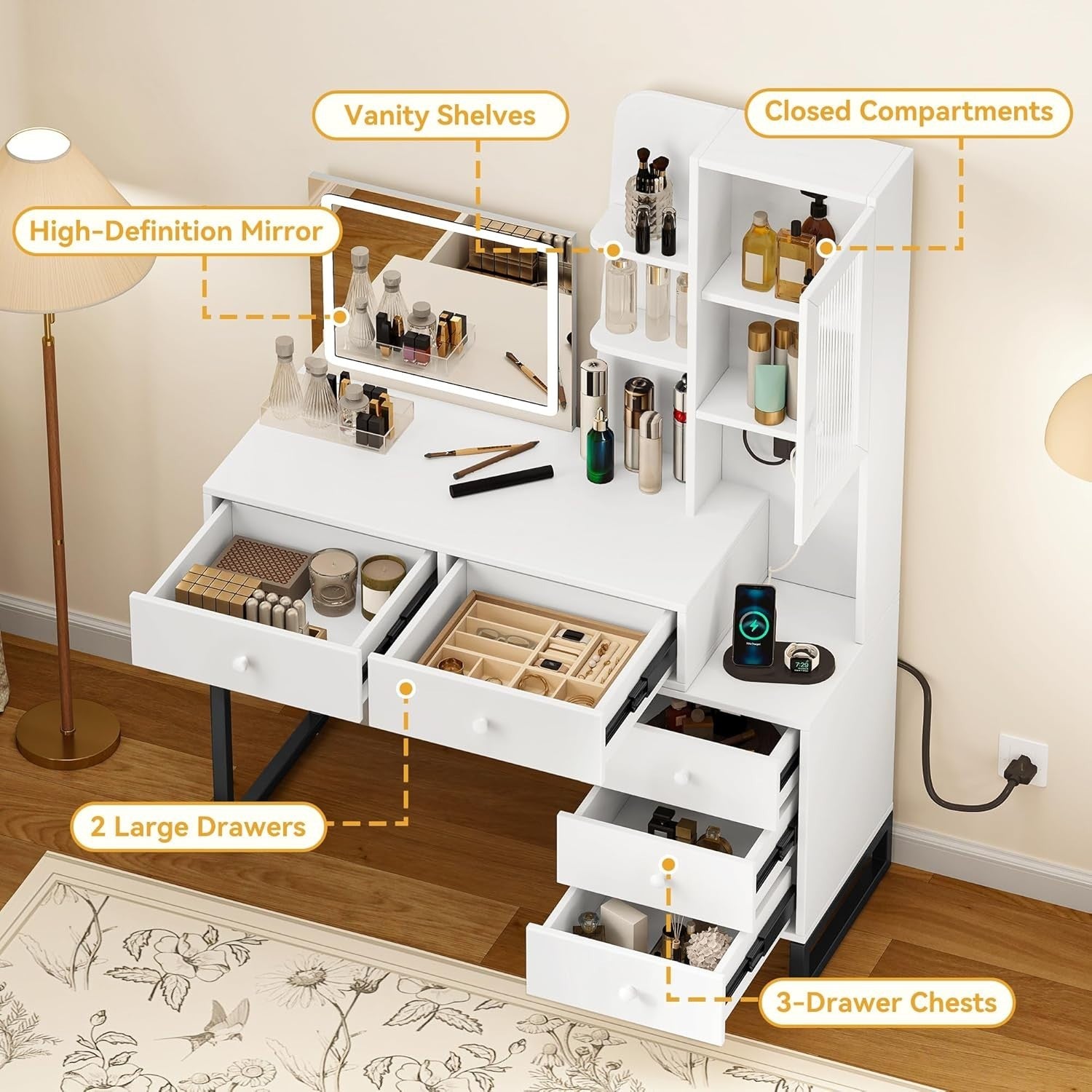 Makeup Vanity Table Mirror LED Lights Storage Drawers Modern White Dressing Desk