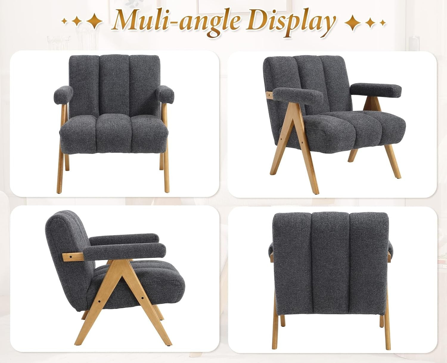 Grey Chenille Accent Armchair Lounge Chair Solid Wood Legs