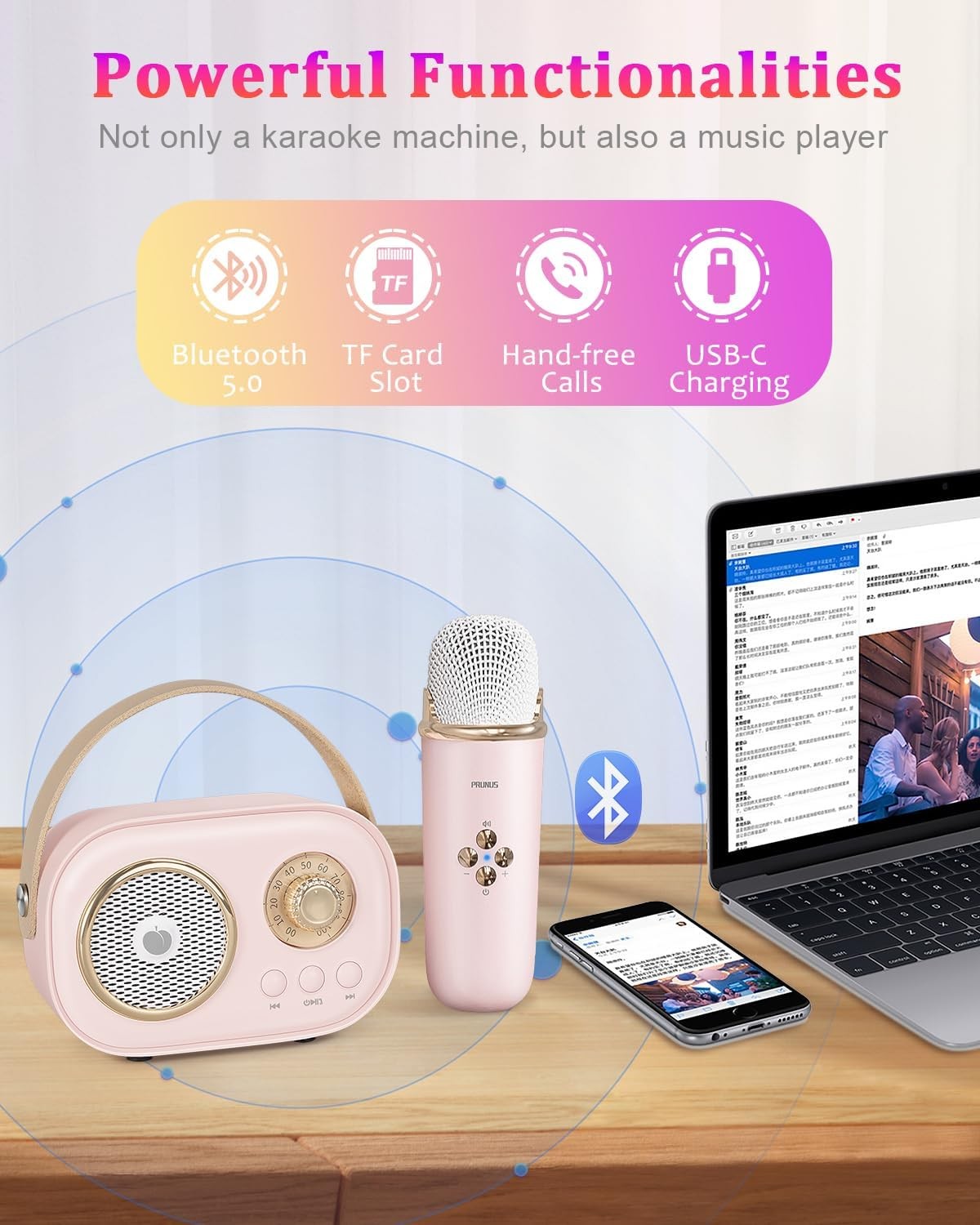 Pink Mini Karaoke Machine with 2 Wireless Mics Bluetooth