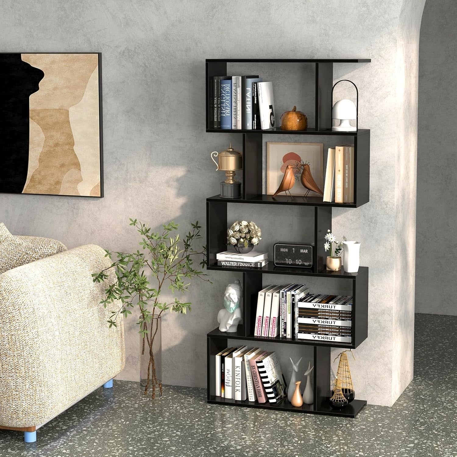 S Shaped 5 Tier Wooden Bookcase Freestanding Display Storage Shelf Black