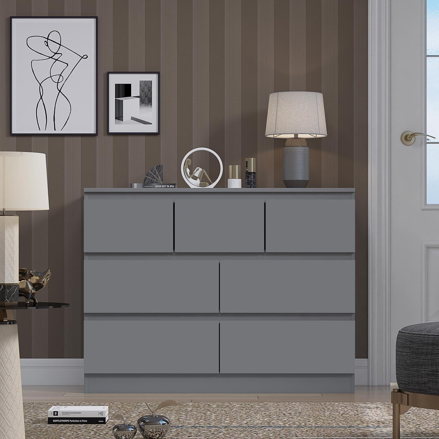 Matt Dark Grey 7 Drawer Chest Modern Storage Unit Bedroom Office