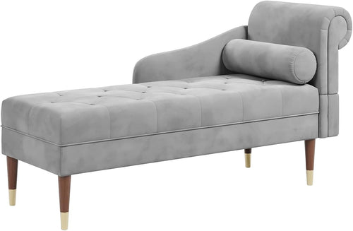 Velvet Right Armrest Chaise Lounge Grey with Lumbar Pillow & Tool-Free Setup