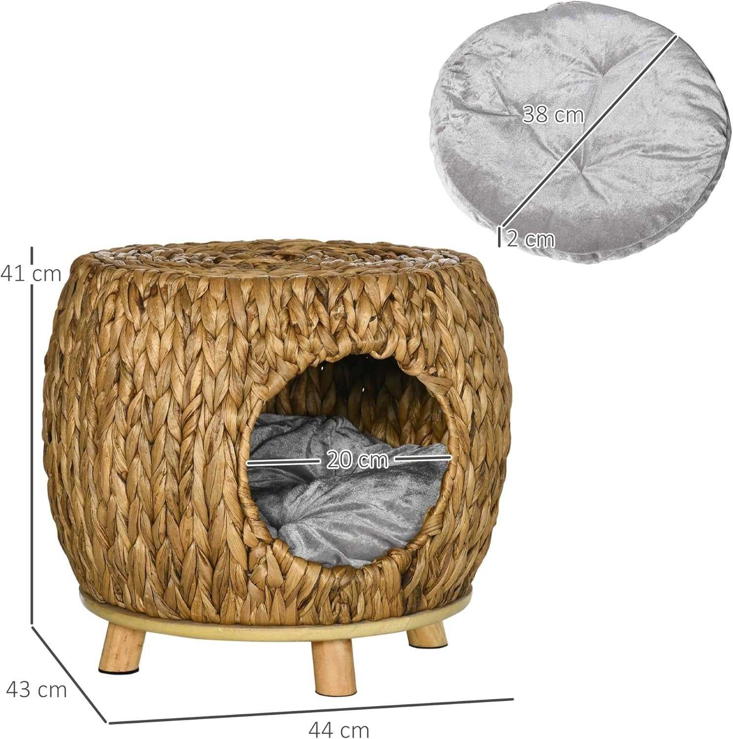 Wicker Cat House Stool Elevated Rattan Pet Bed w Washable Cushion