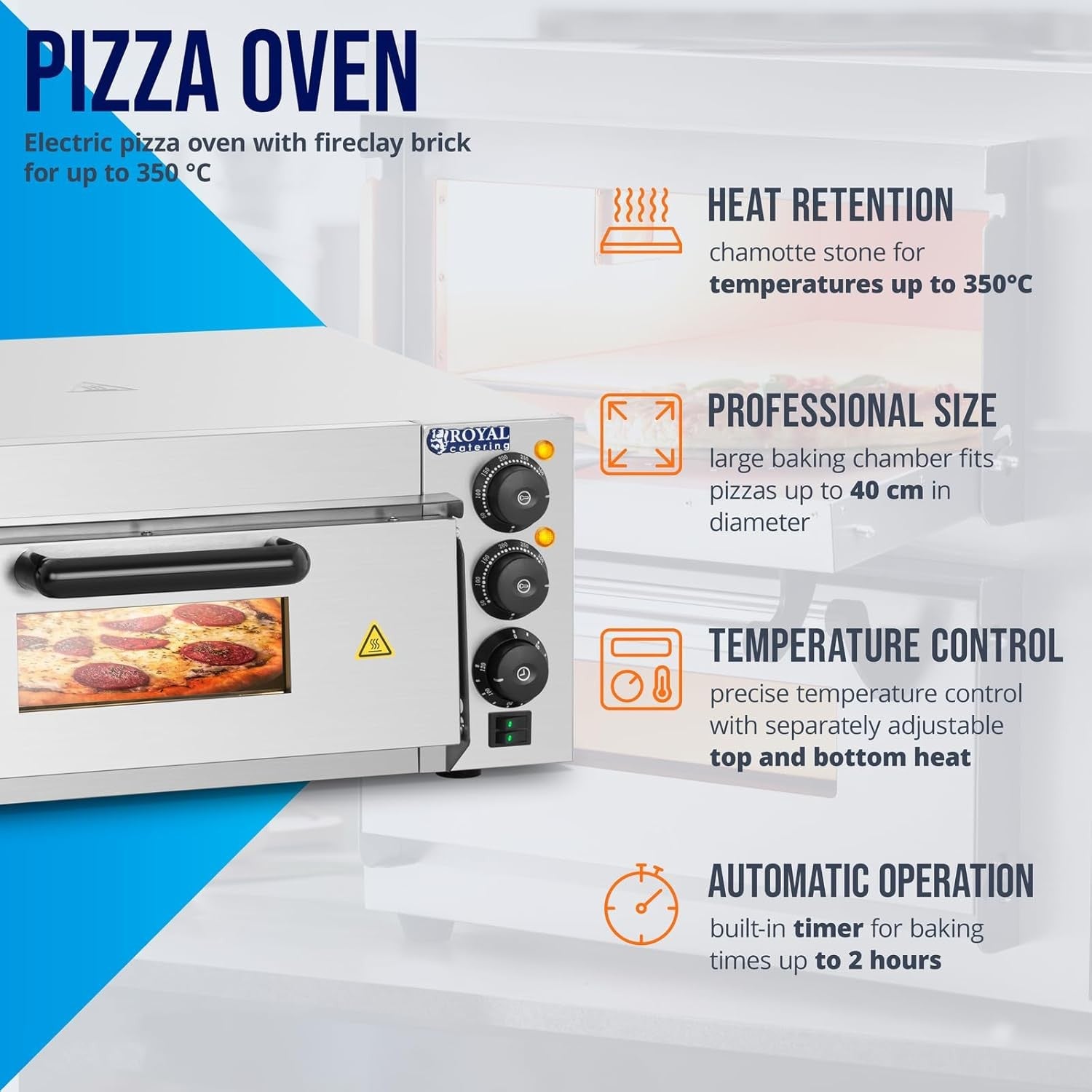 Electric Pizza Oven 2000W Fireclay Stone Large 40cm Surface Timer 120min