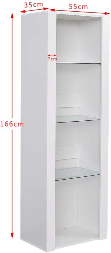 Tall LED Display Cabinet White Gloss Glass Shelves Modern Showcase Cupboard