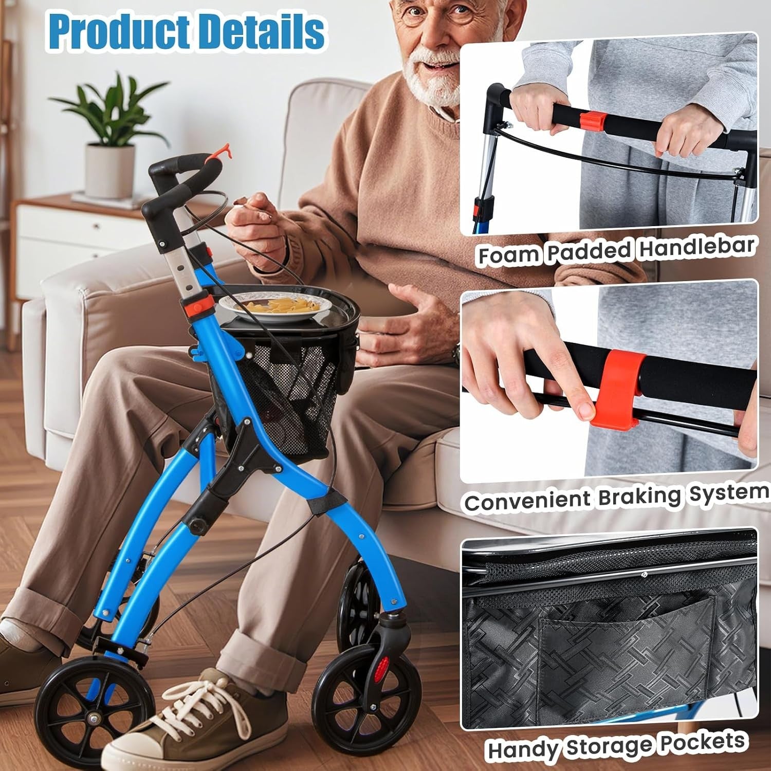 4 Wheel Rollator Walker Lightweight Walking Aid Brakes Tray