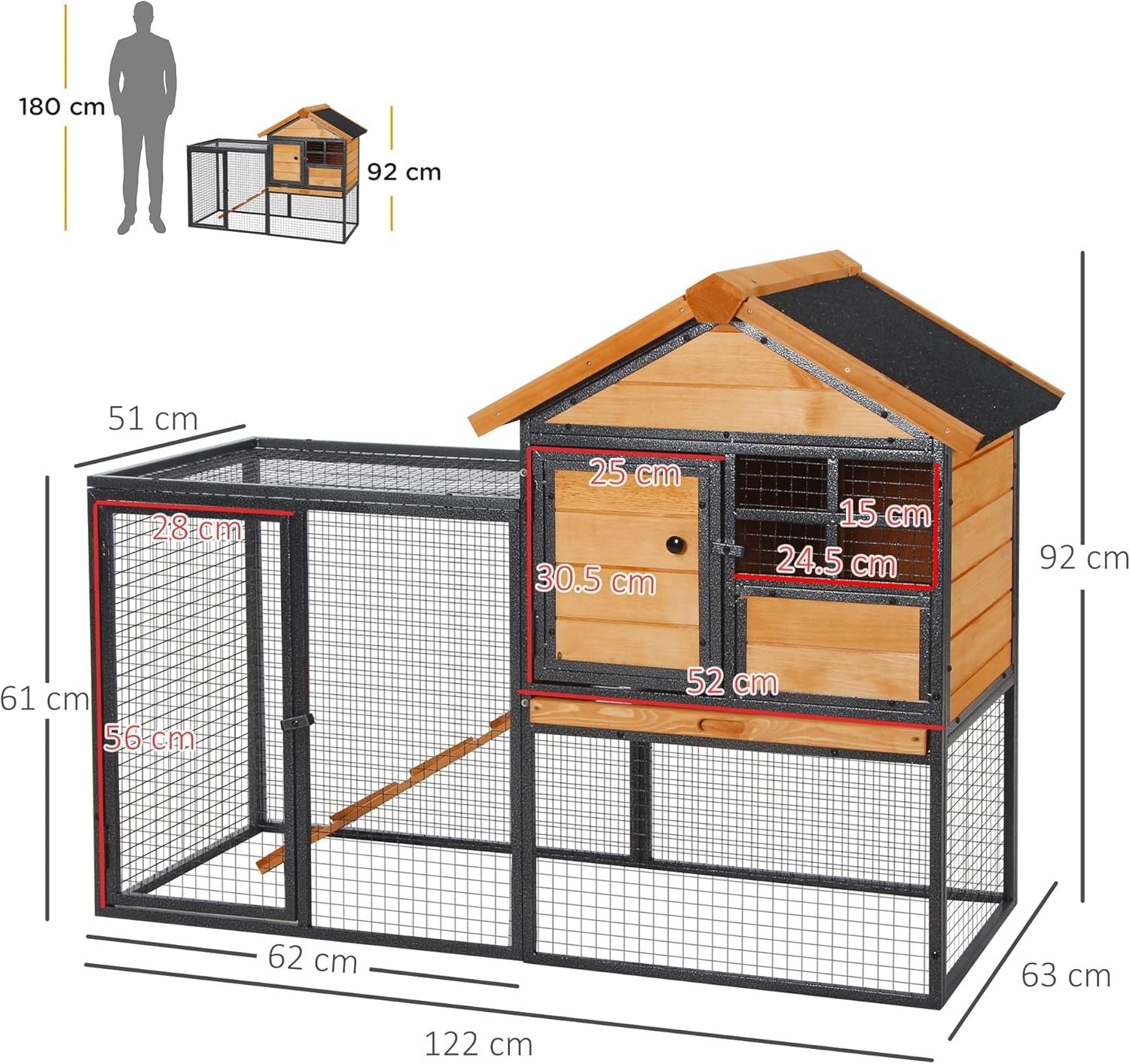 Outdoor Rabbit Hutch with Run Wooden Metal Cage Elevated Guinea Pig House