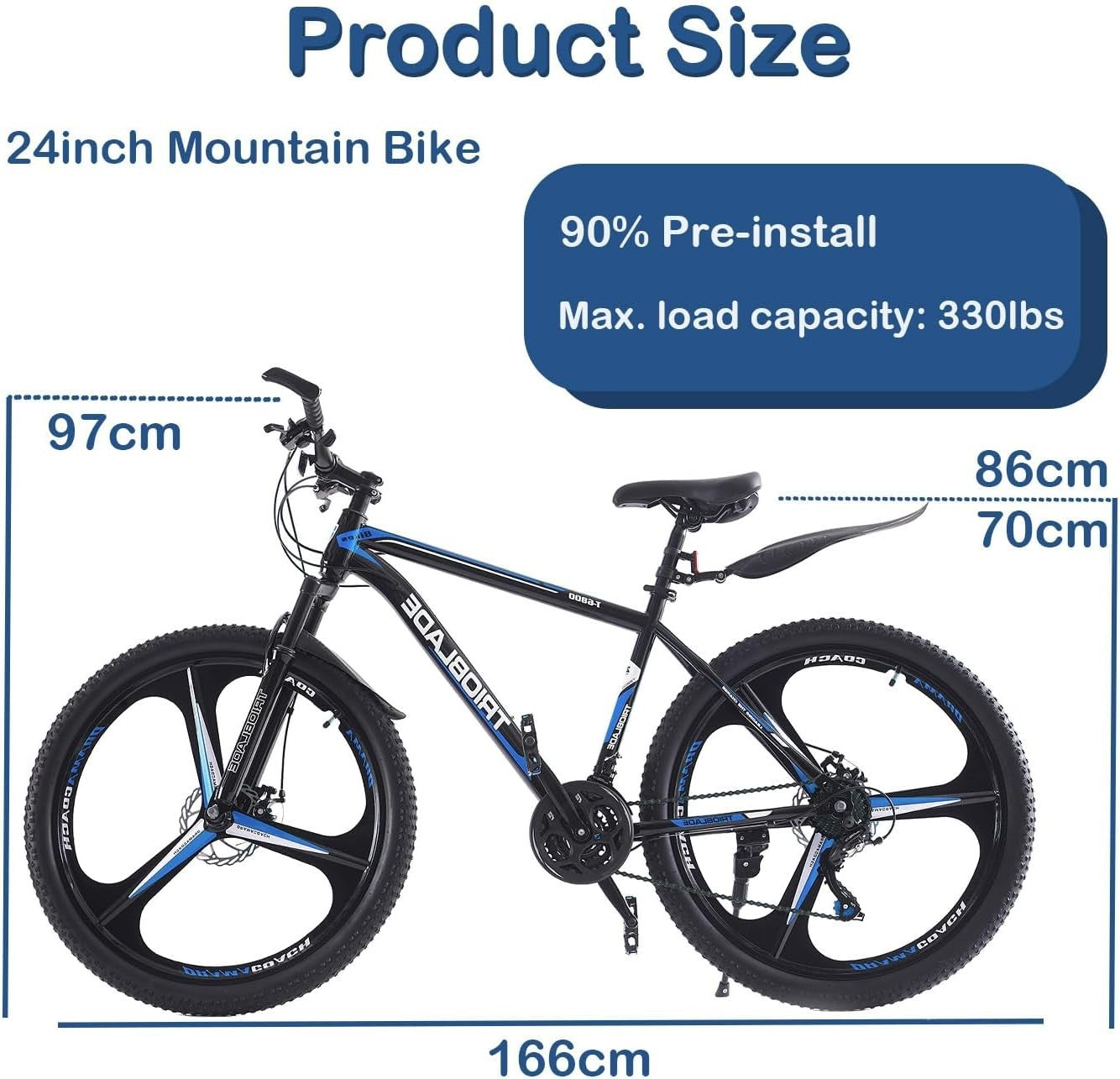 24" Black & Blue Mountain Bike 21-Speed Disc Brakes Lightweight MTB