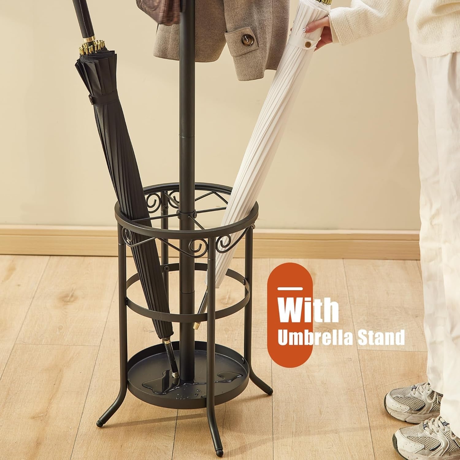 Freestanding Black Metal Coat Rack 12 Hooks with Umbrella Holder Stand