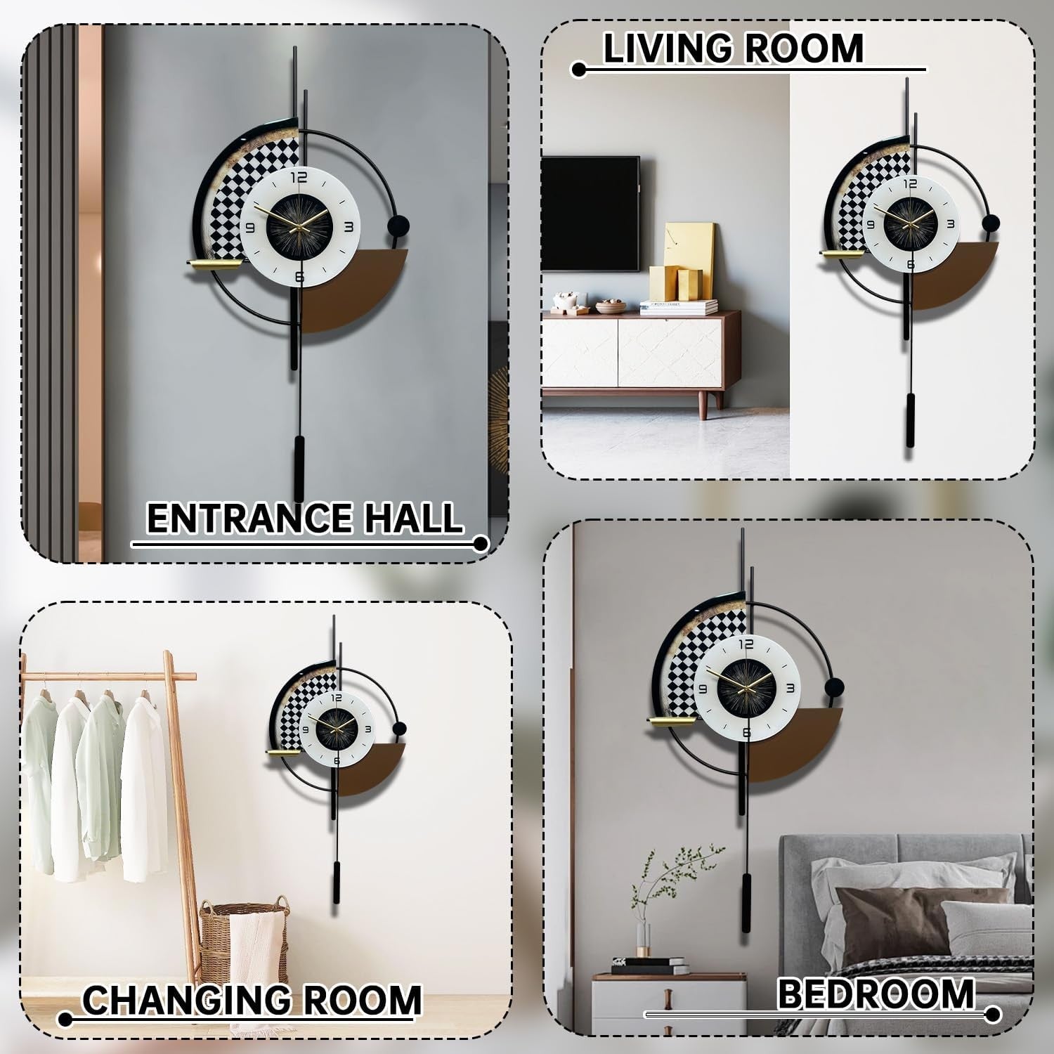 Modern Geometric Wall Clock 31" Silent Quartz Pendulum Design Large Home Decor