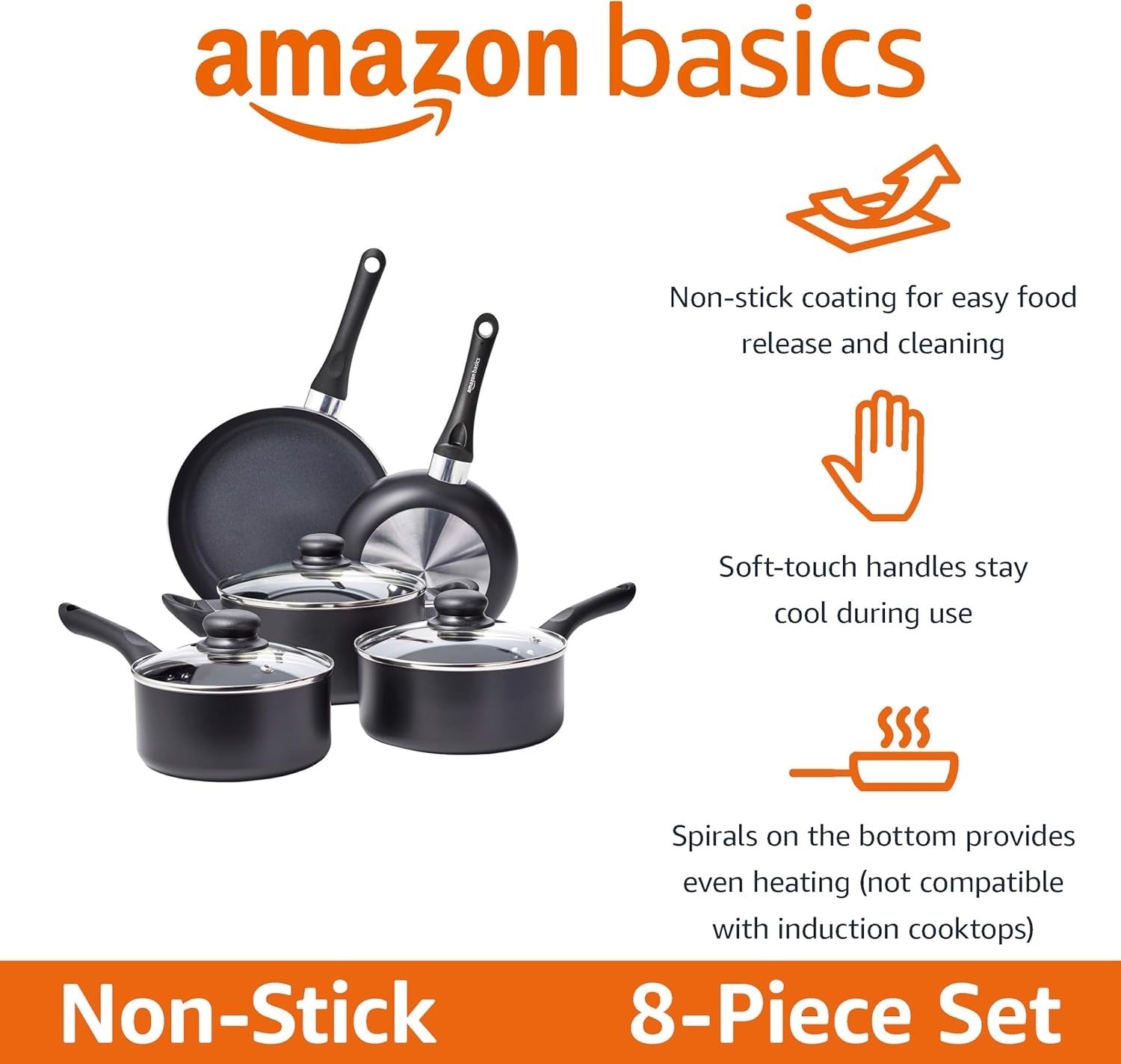 8pcs Non Stick Cookware Set – Frying Pans & Sauce Pans with Glass Lids Black