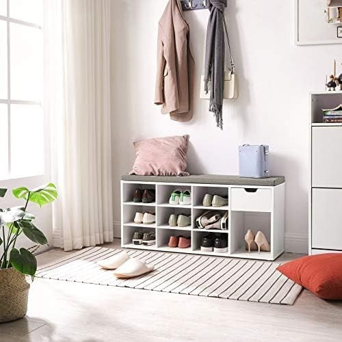 Modern White & Grey Shoe Storage Bench with Cushion, Drawer & Open Compartments