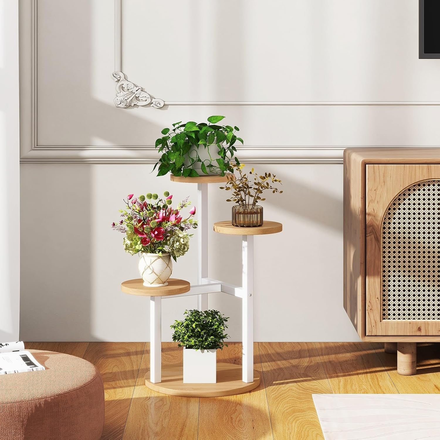 4 Tier White Metal Wood Plant Stand | Modern Corner Flower Pot Display Shelf