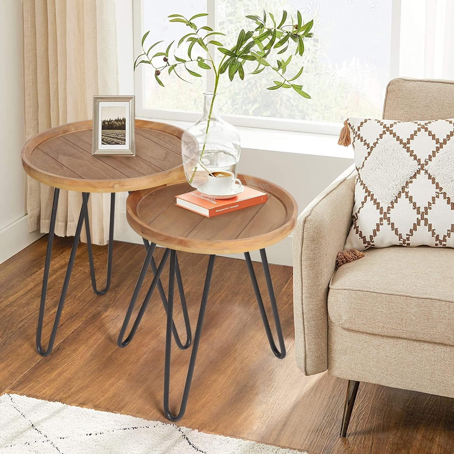 Round Wood Nesting Coffee Table Set of 2 End Side Tables Metal Frame Natural