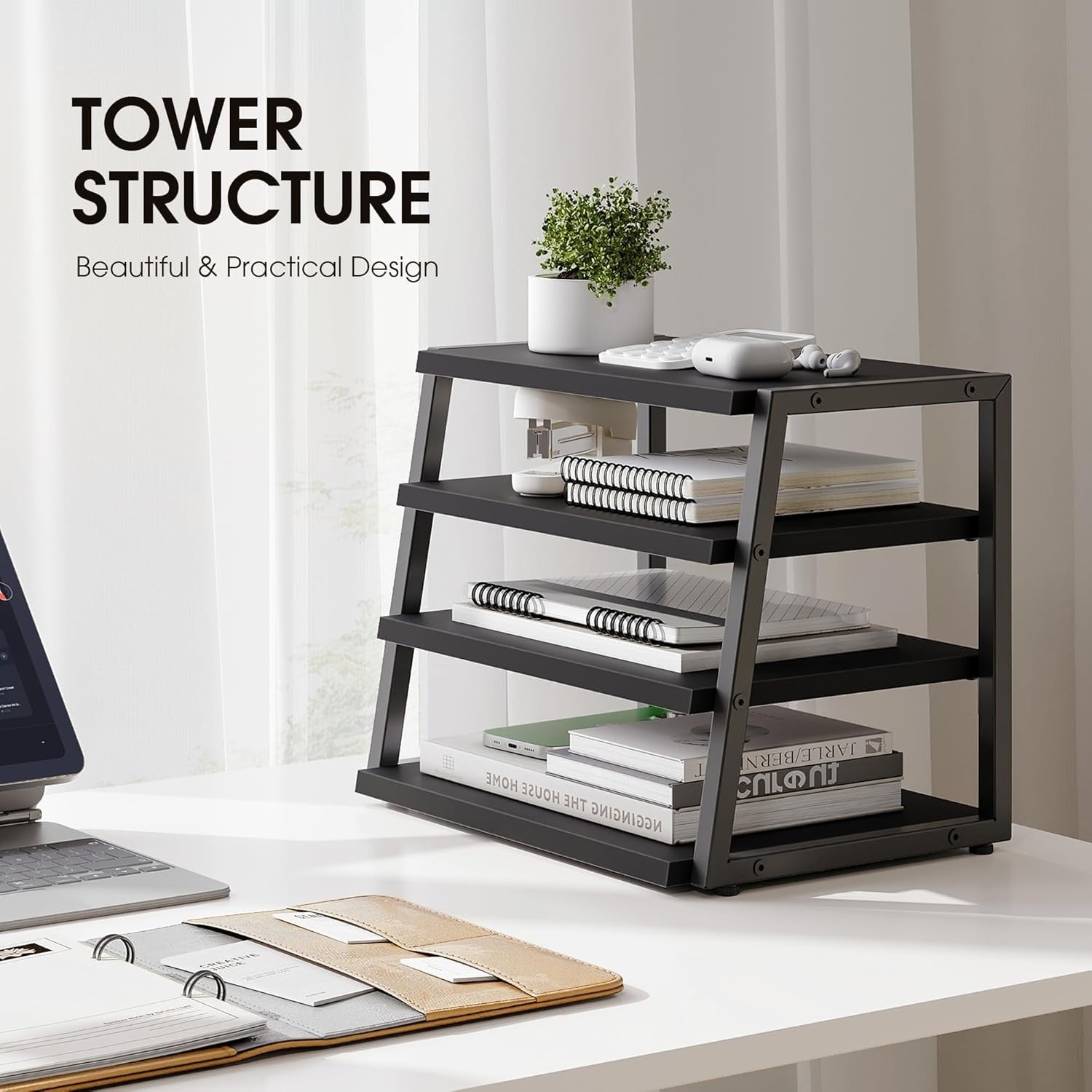 4 Tier Desk File Organizer A4 Paper Tray Wood Metal Office Shelf Black