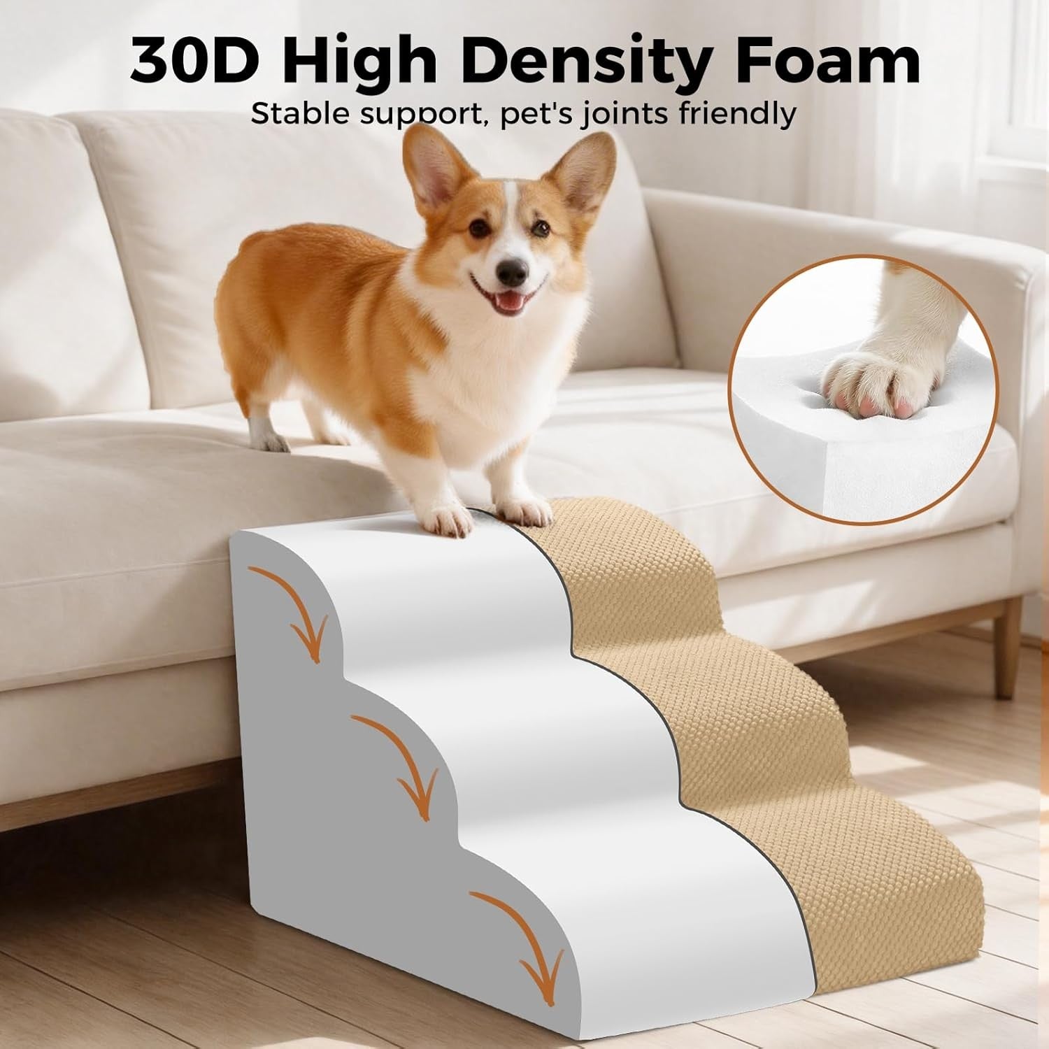 Beige 3 Step Dog Ramp Stairs 30D Foam Waterproof 60x40x40cm