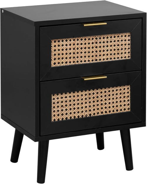 Modern Black Rattan Bedside Table with 2 Drawers Wooden Nightstand