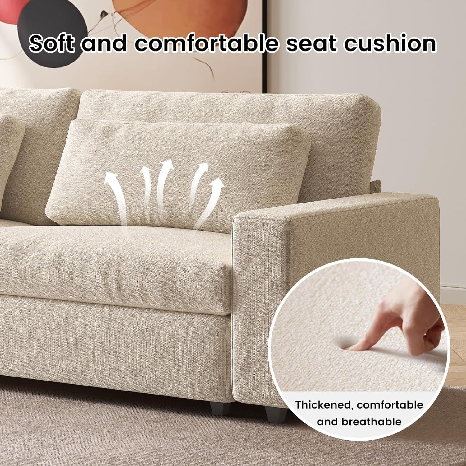 Modern 2-Seater Deep Seat Sofa Beige Fabric Couch with Cushions, 105” Wide