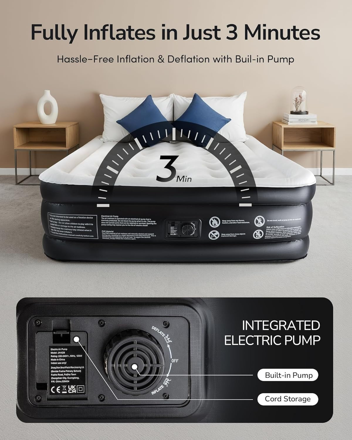 Self-Inflating Double Air Mattress with Built-In Pump – 3 Min Setup, Comfort