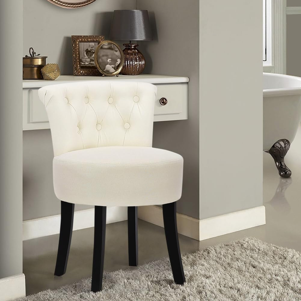 Beige High-Back Linen Vanity Chair with Solid Wood Legs for Dressing Table