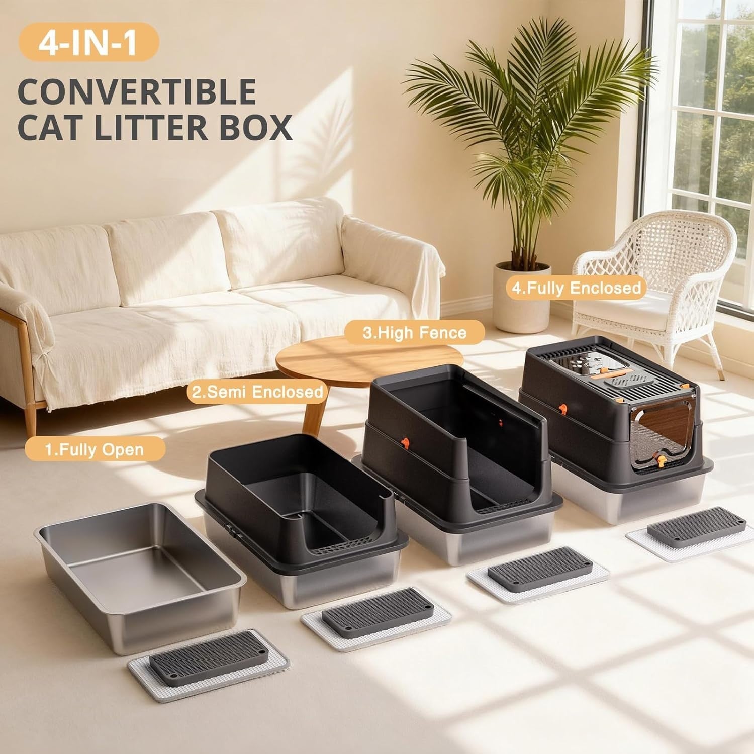 XL Stainless Steel Cat Litter Box Covered High Sided Front Top Entry